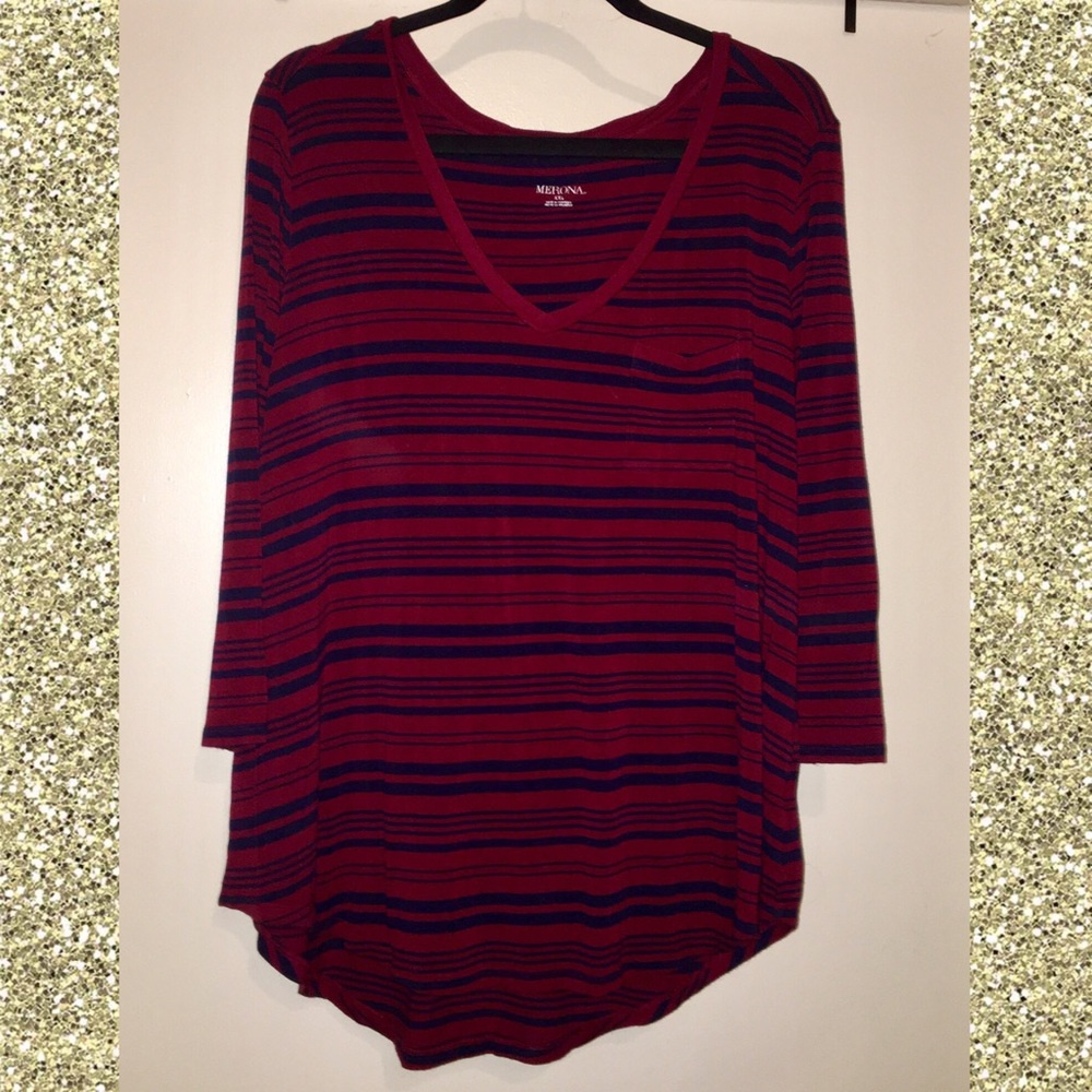 Red and Blue Stripe 3/4 Sleeve Tee